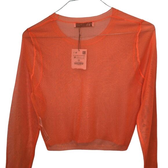 NWT Zara Women's Bright Orange Sheer Pullover Long Sleeve Top M - Picture 5 of 13